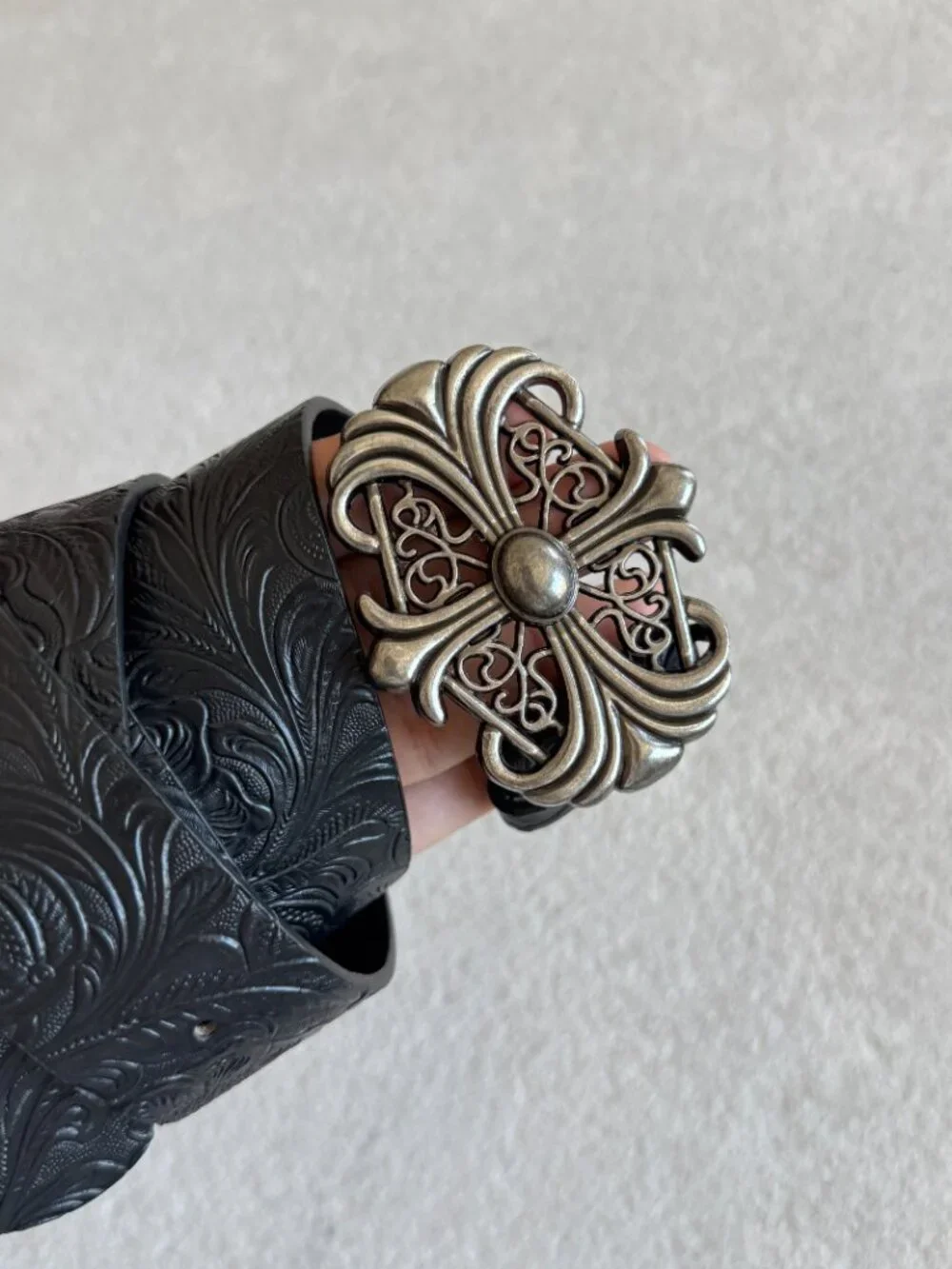 Black Floral Embossed Filigree Belt
